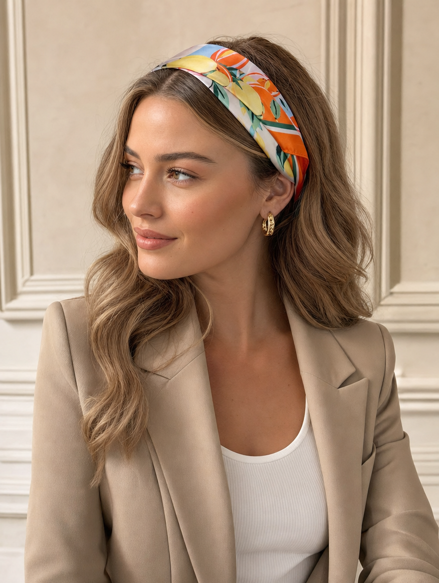 Pañuelo Naranja con Estampado Botánico Colorido, usado en el cabello con aire mediterráneo