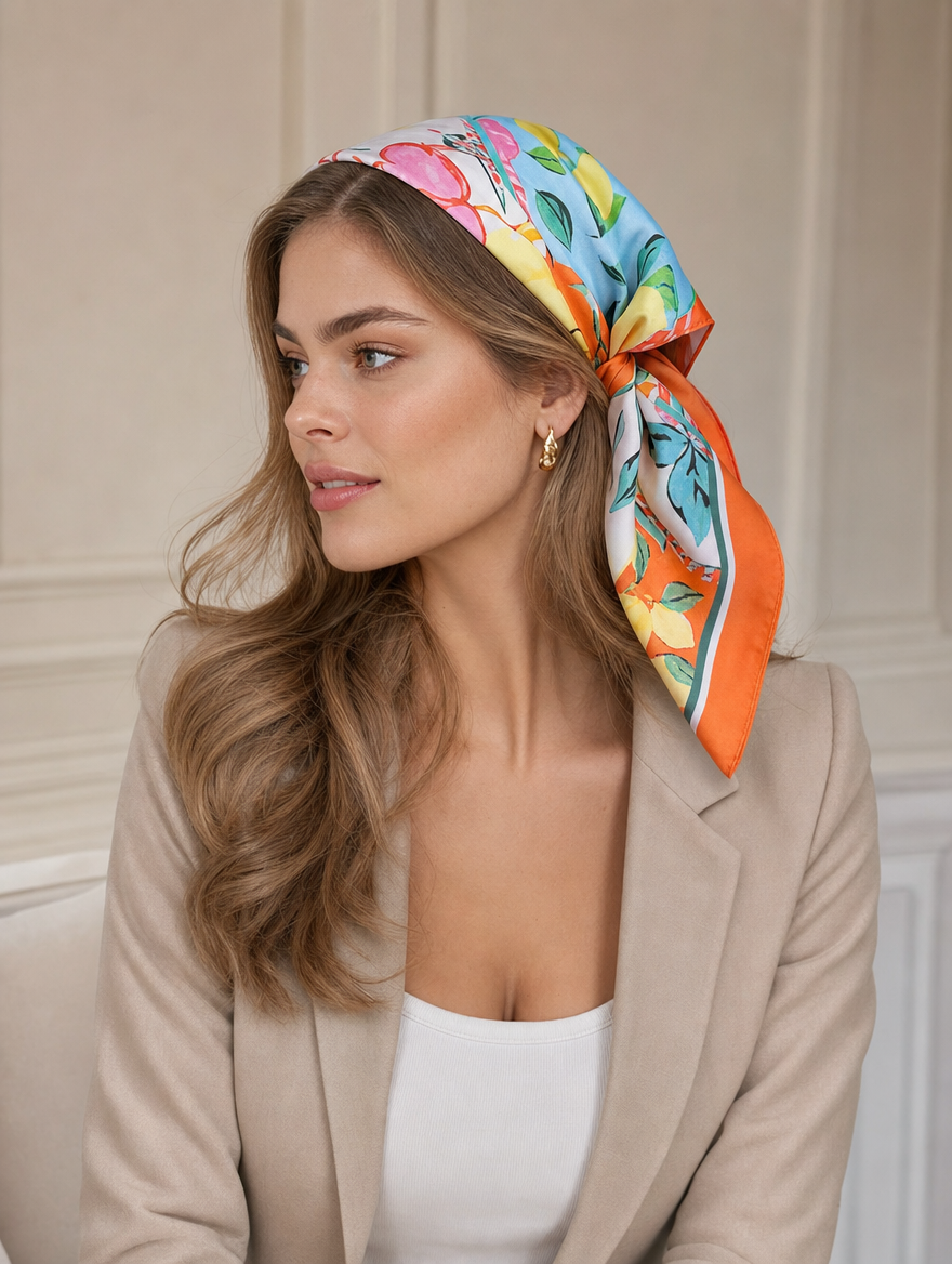 Pañuelo Naranja con Estampado Botánico Colorido, llevado en la cabeza con estilo sofisticado y natural