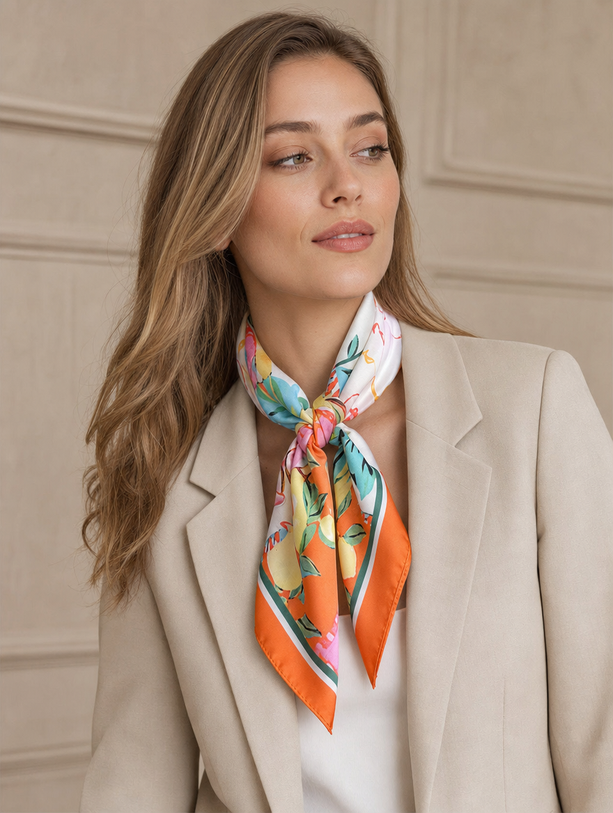 Pañuelo Naranja con Estampado Botánico Colorido, llevado al cuello con estilo elegante