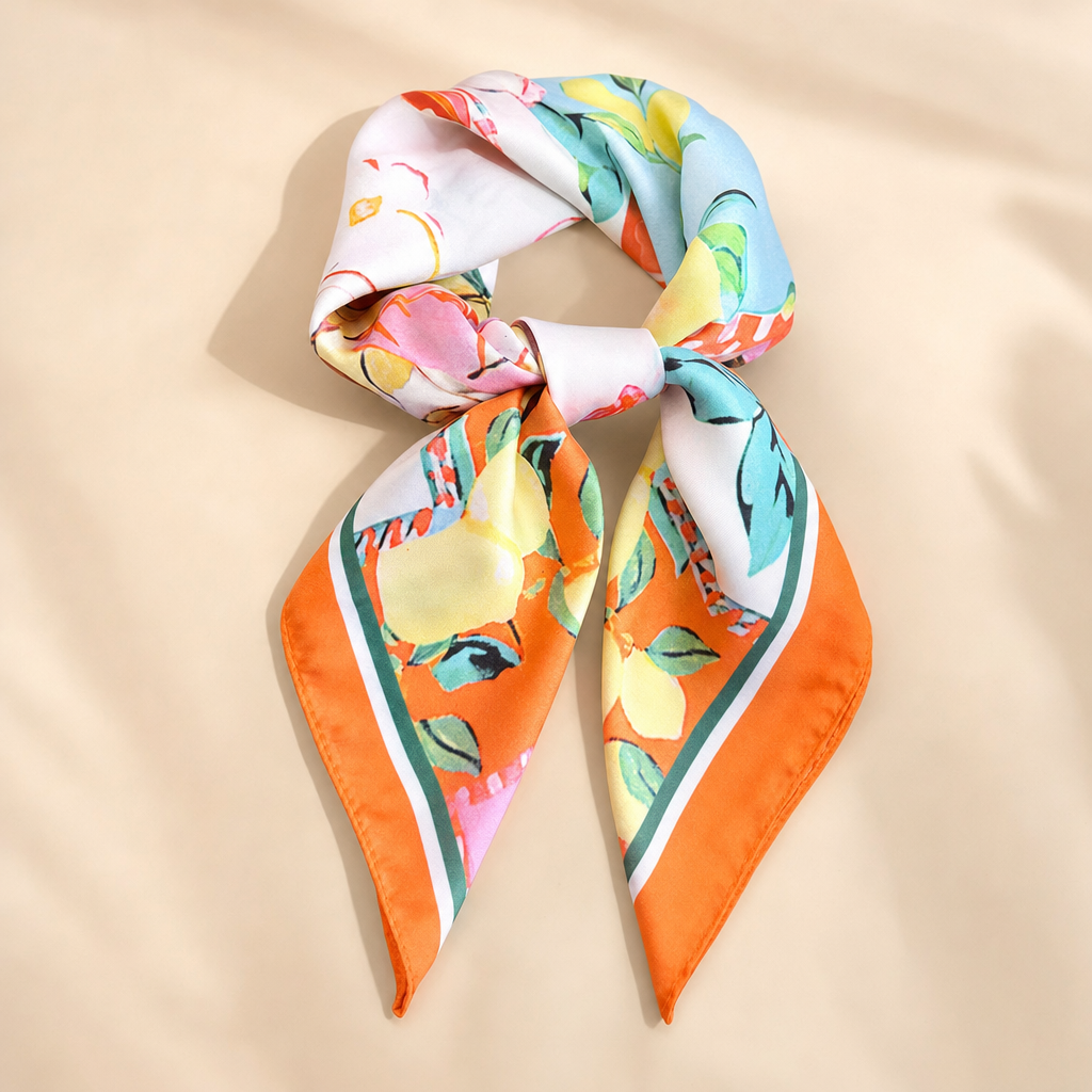 Pañuelo Naranja con Estampado Botánico Colorido, presentado con luz suave y estilo cuidado