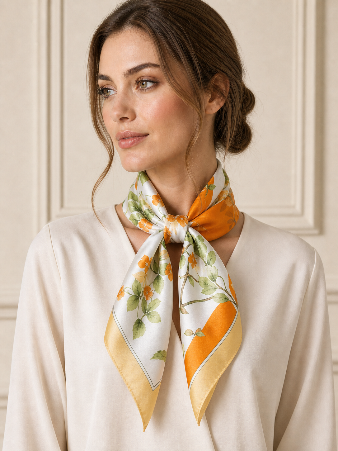 Pañuelo Naranja con Estampado Botánico, llevado al cuello con estilo elegante y acabado cuidado