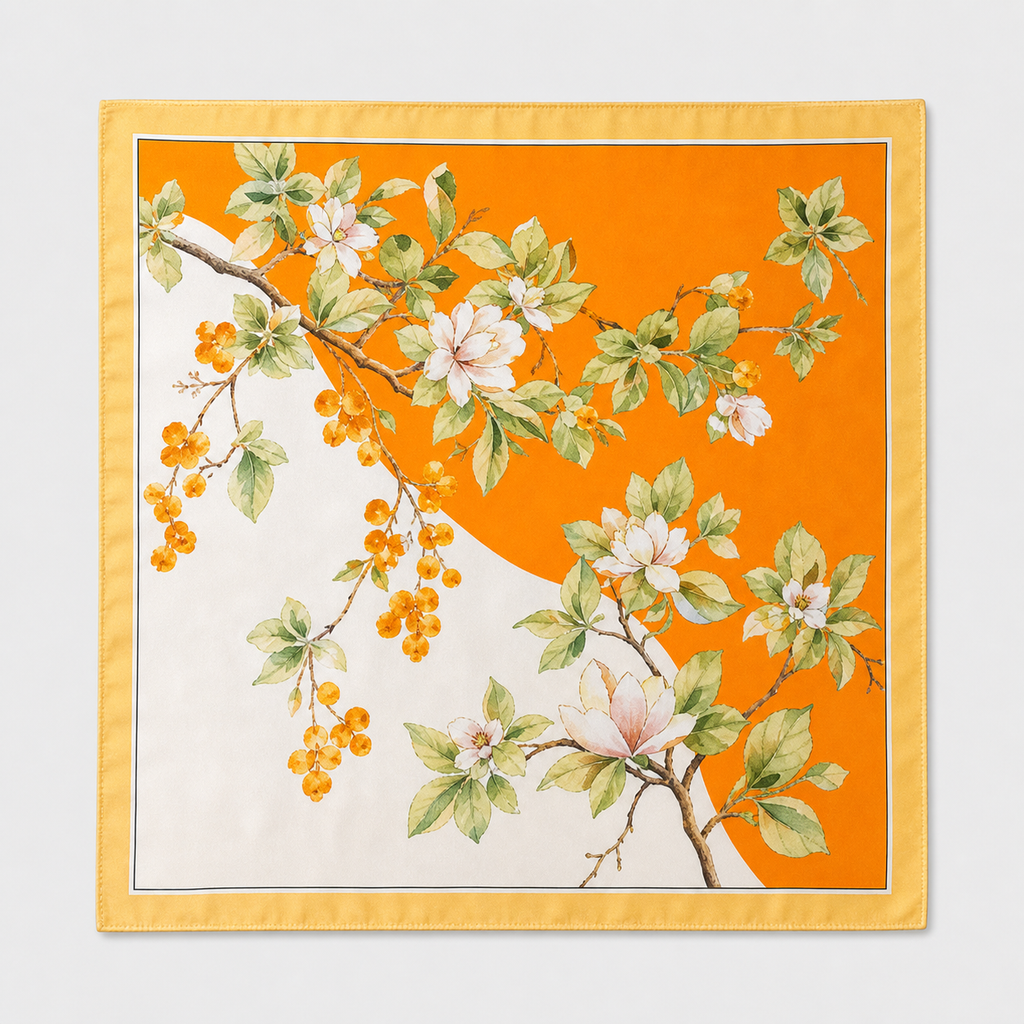 Pañuelo Naranja con Estampado Botánico, extendido para apreciar su diseño y acabado