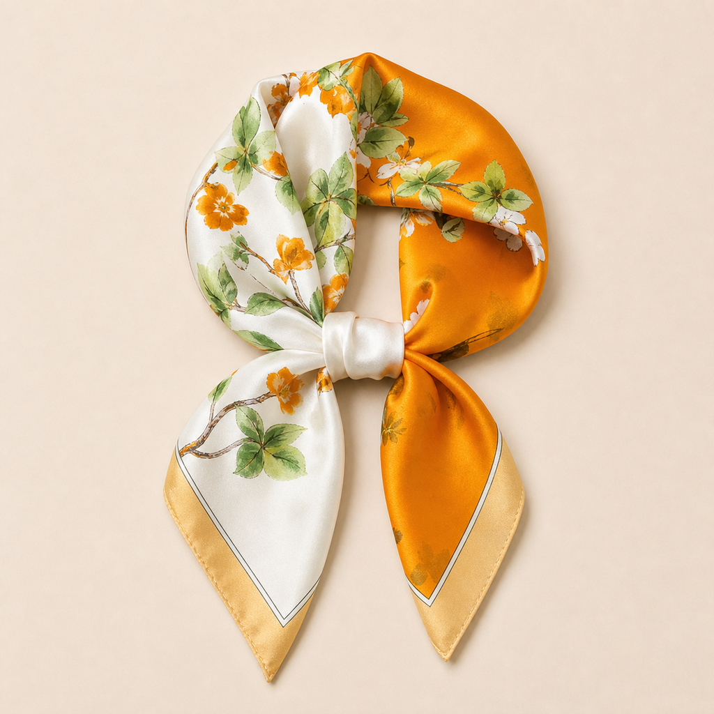 Pañuelo Naranja con Estampado Botánico, con una presentación cuidada y estilo elegante