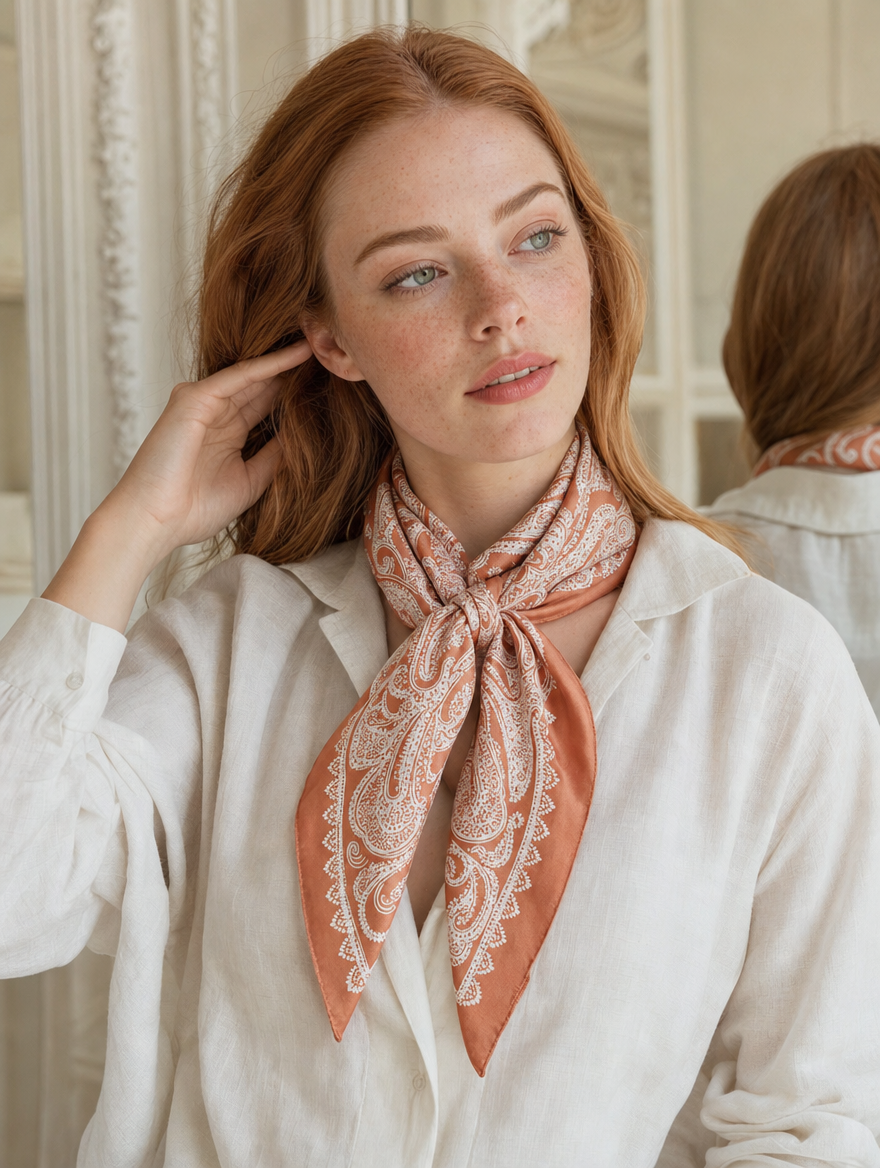 Pañuelo Naranja con Estampado Paisley, llevado al cuello con estilo elegante y acabado cuidado