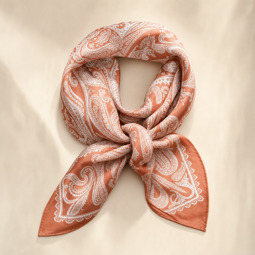 Pañuelo Naranja con Estampado Paisley, presentado con luz suave y estilo cuidado