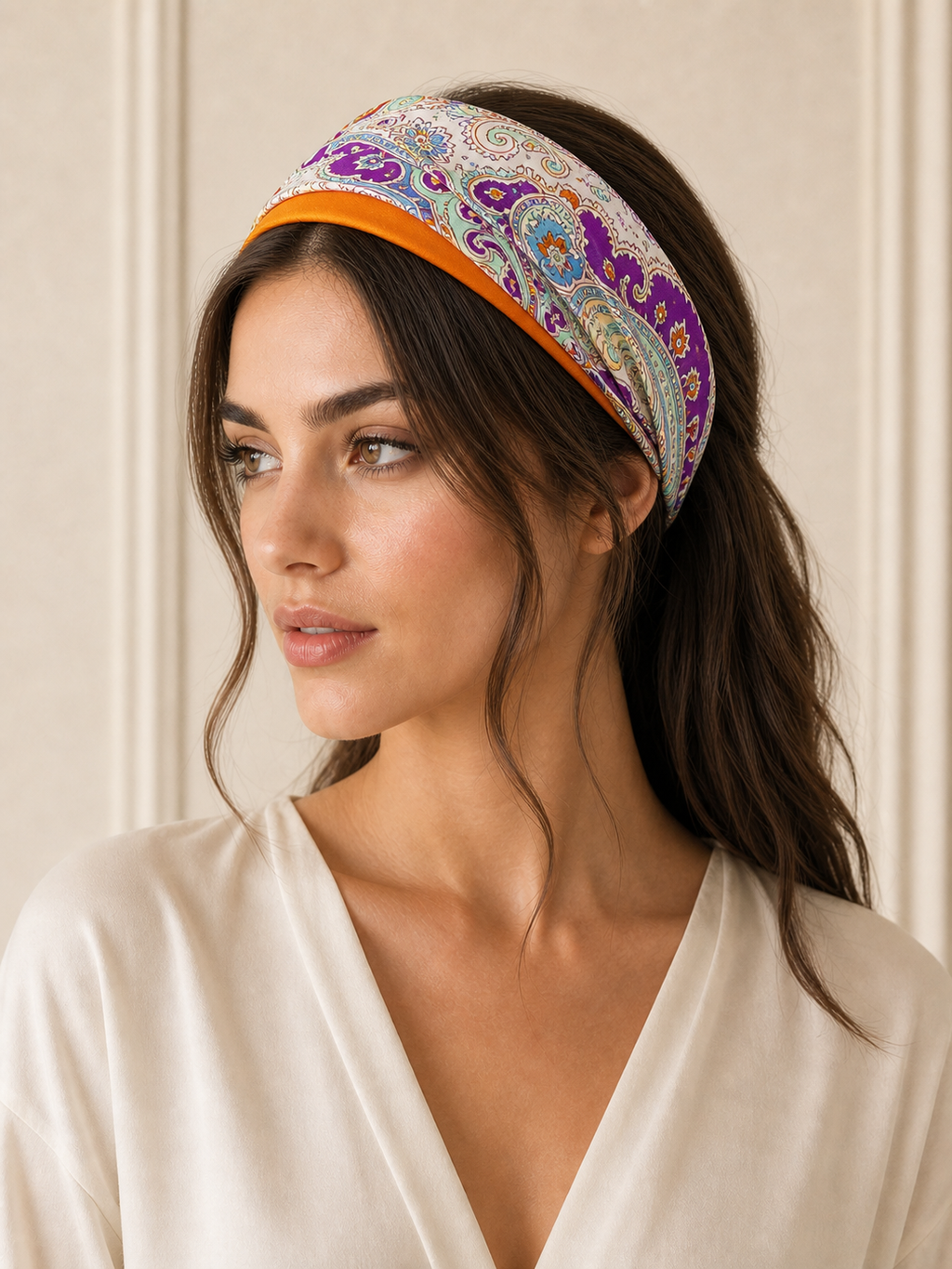 Pañuelo Naranja con Estampado Paisley Multicolor, usado en el cabello con aire mediterráneo