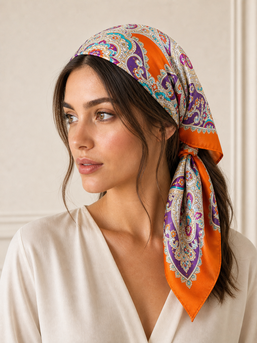 Pañuelo Naranja con Estampado Paisley Multicolor, llevado en la cabeza con estilo sofisticado y natural