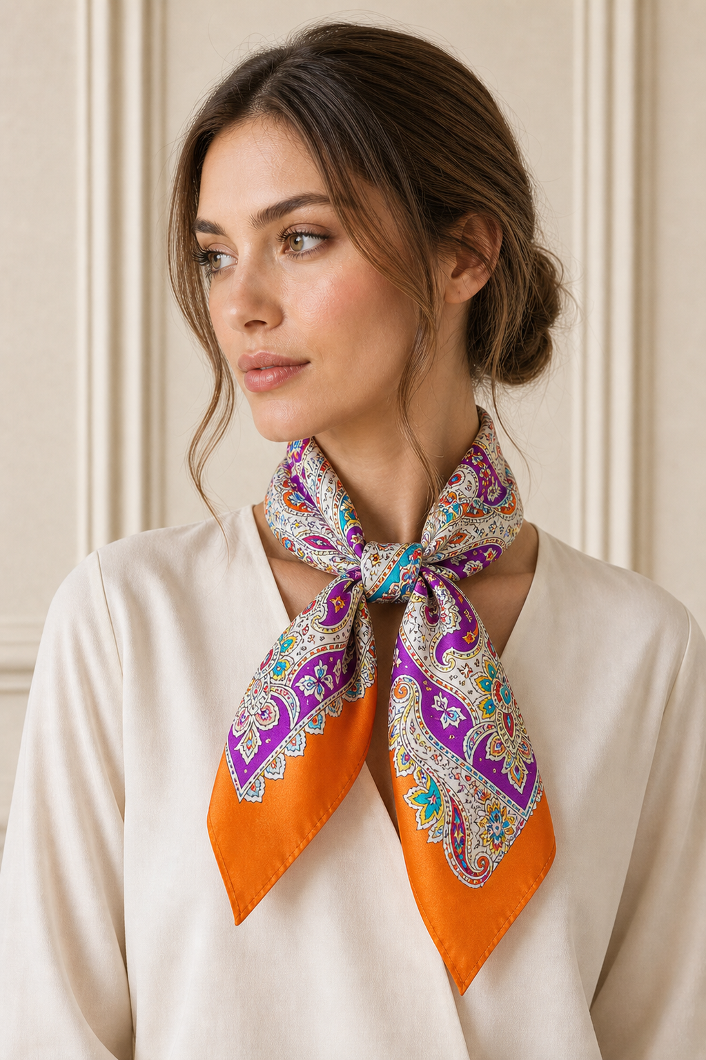 Pañuelo Naranja con Estampado Paisley Multicolor, llevado al cuello con estilo elegante