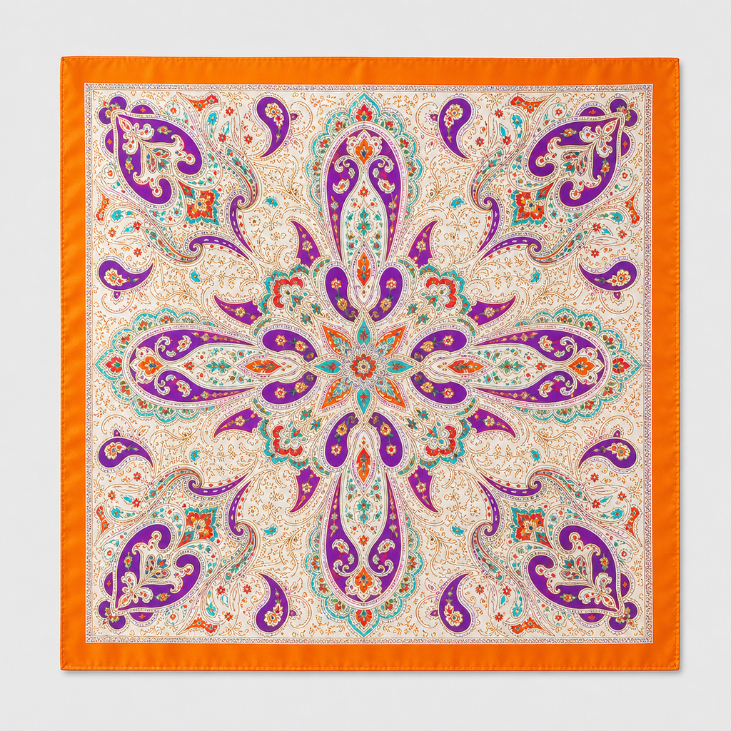 Pañuelo Naranja con Estampado Paisley Multicolor, extendido para apreciar su diseño y acabado