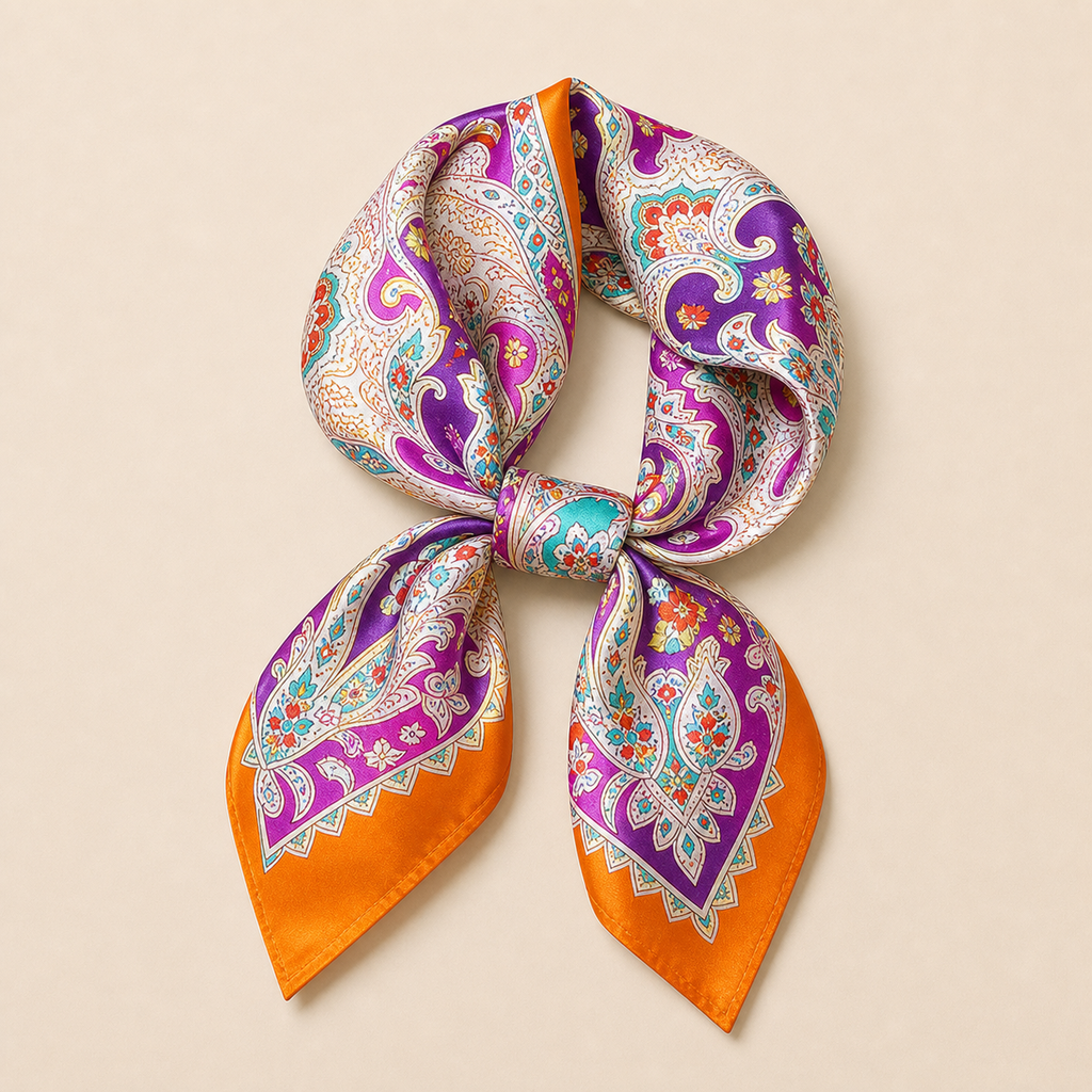 Pañuelo Naranja con Estampado Paisley Multicolor, con una presentación cuidada y estilo elegante