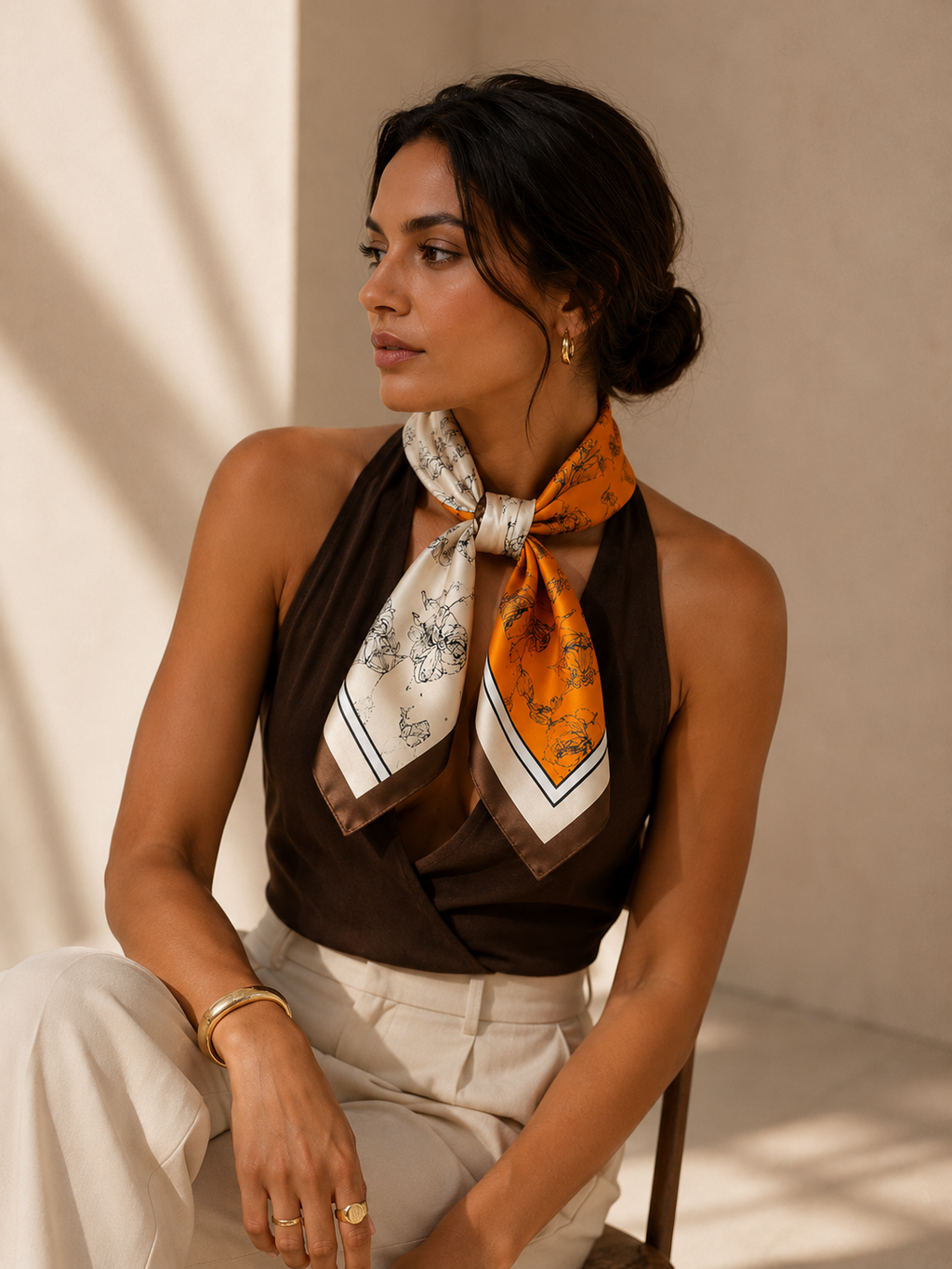 Pañuelo Naranja y Blanco con Flores Lineales, llevado para un look cuidado y elegante