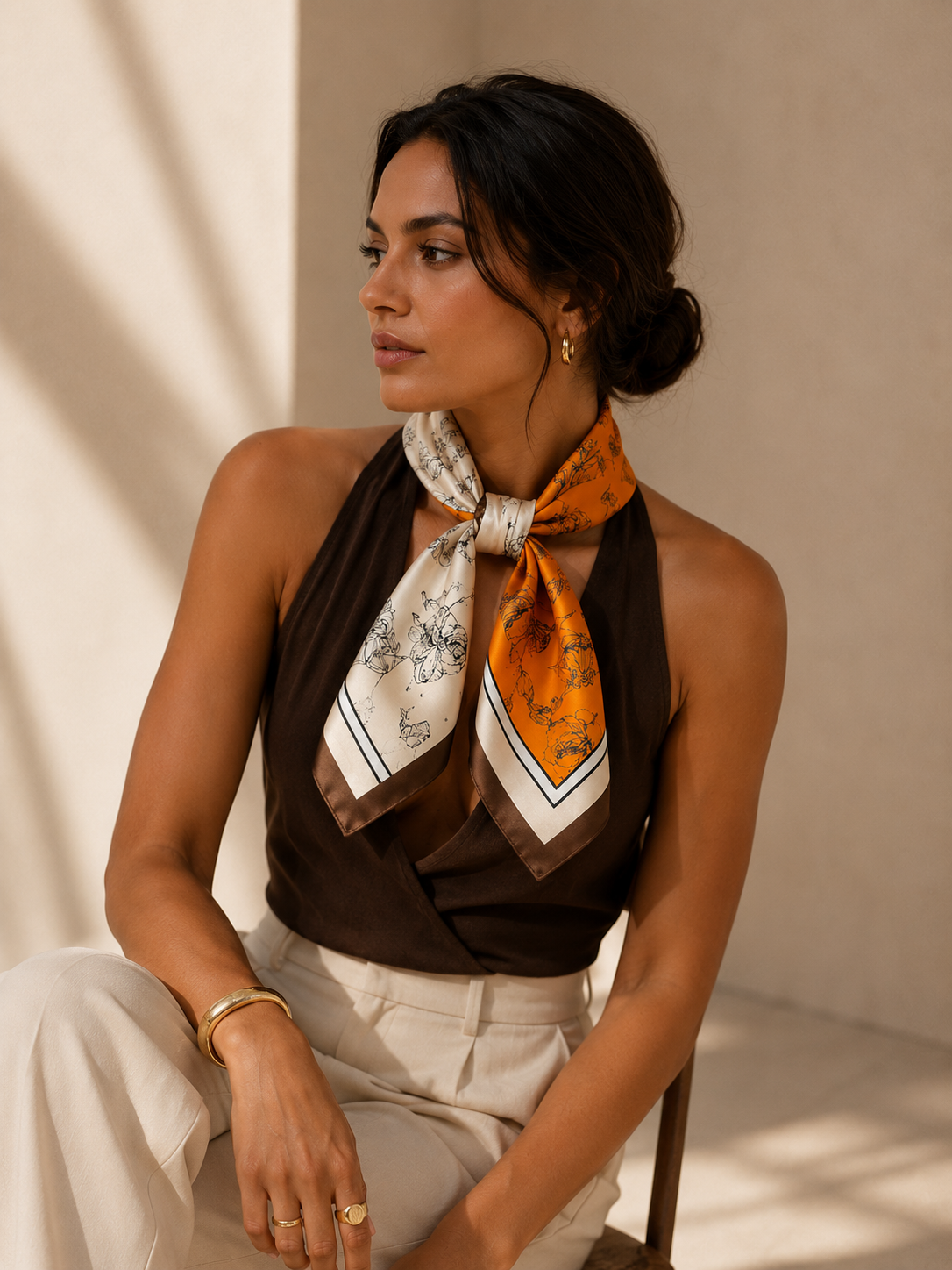 Pañuelo Naranja y Blanco con Flores Lineales, llevado para un look cuidado y elegante