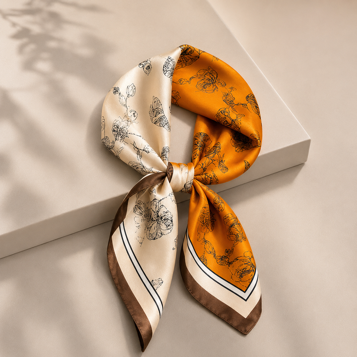 Pañuelo Naranja y Blanco con Flores Lineales, presentado con luz suave y estilo cuidado