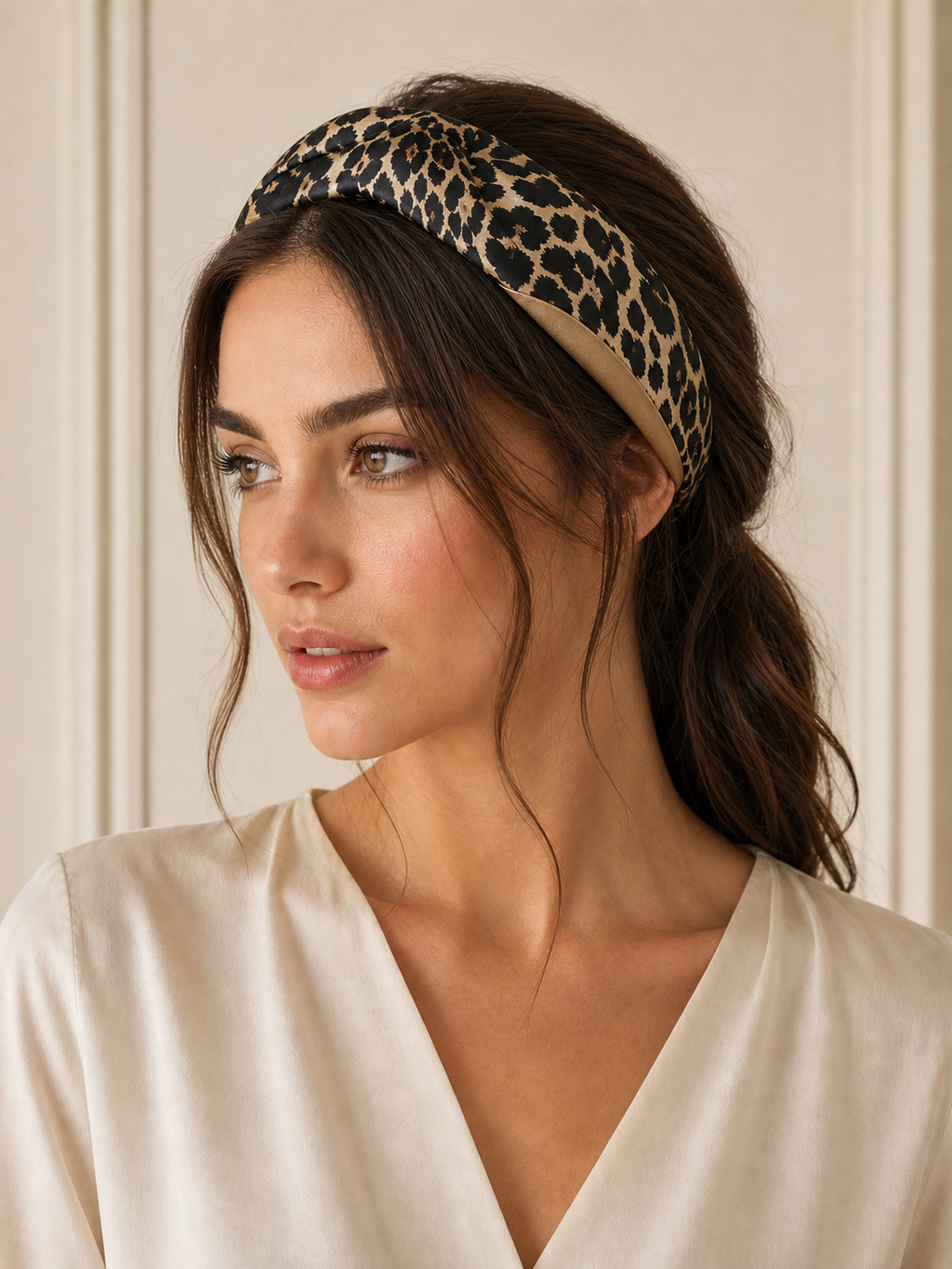 Pañuelo Negro con Estampado Animal, usado en el cabello con aire mediterráneo y acabado cuidado