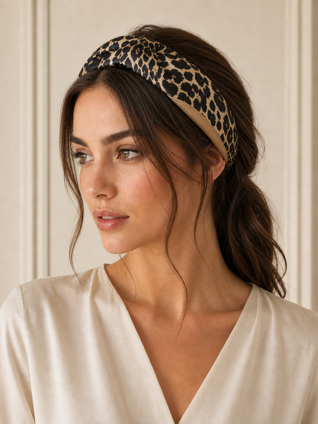 Pañuelo Negro con Estampado Animal, usado en el cabello con aire mediterráneo y acabado cuidado