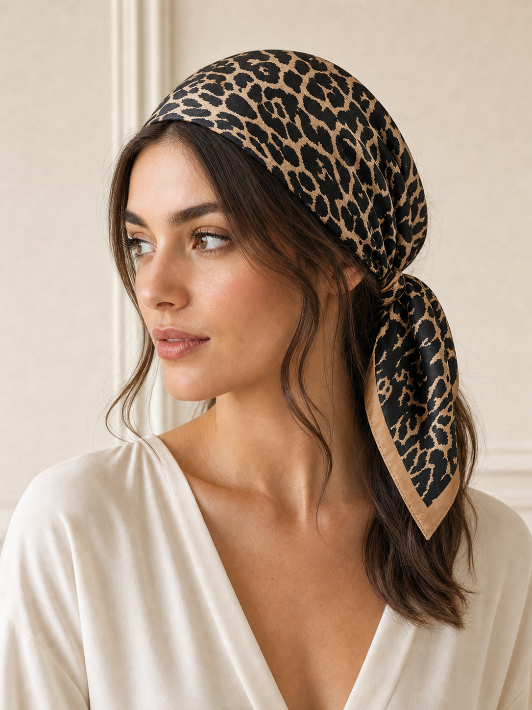 Pañuelo Negro con Estampado Animal, llevado en la cabeza con estilo sofisticado y natural con acabado cuidado
