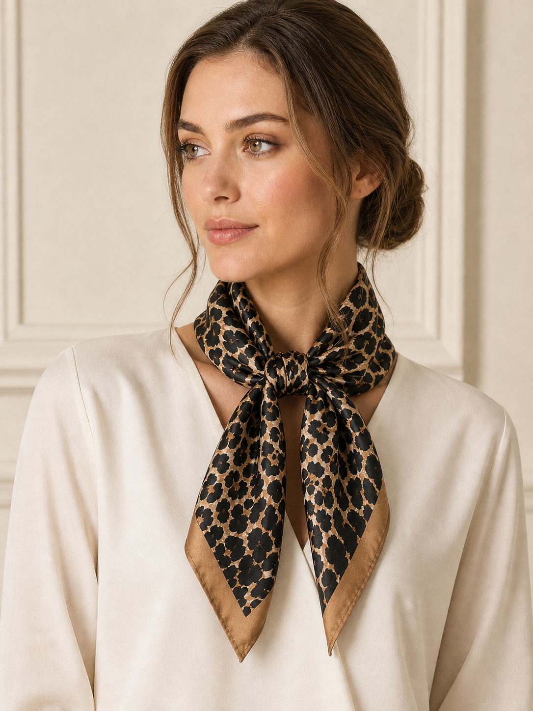 Pañuelo Negro con Estampado Animal, llevado al cuello con estilo elegante y acabado cuidado