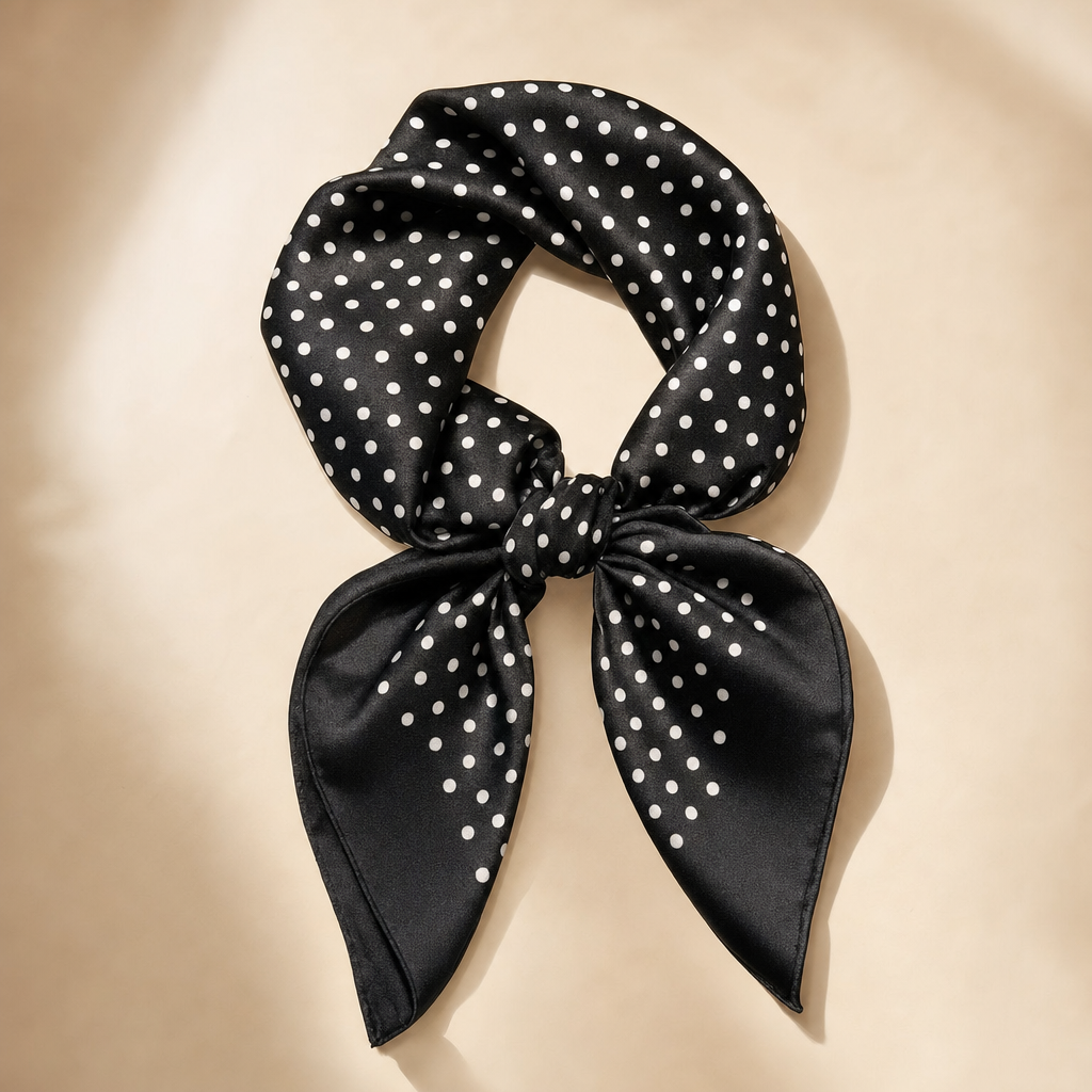 Pañuelo Negro con Lunares Blancos, presentado con luz suave y estilo cuidado con acabado cuidado