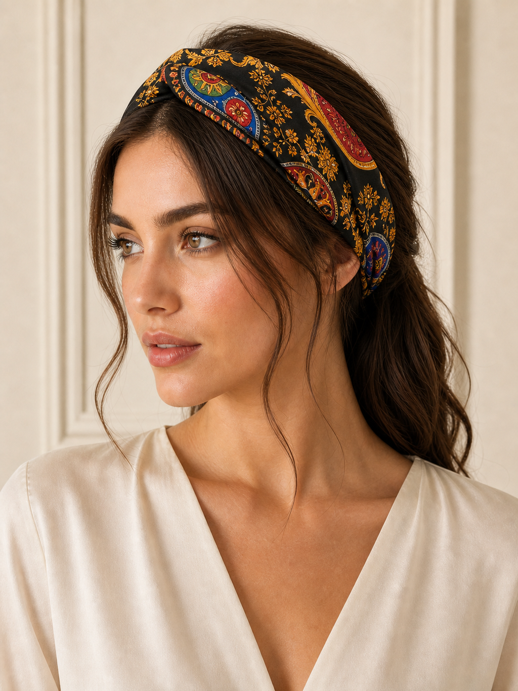 Pañuelo Negro con Motivos Ornamentales Multicolor, usado en el cabello con aire mediterráneo