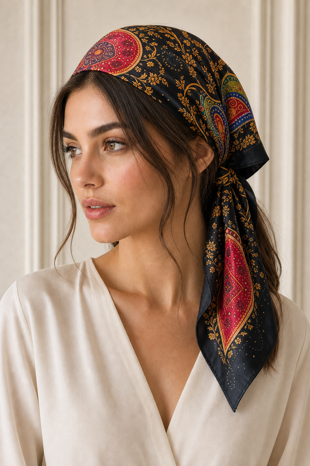 Pañuelo Negro con Motivos Ornamentales Multicolor, llevado en la cabeza con estilo sofisticado y natural