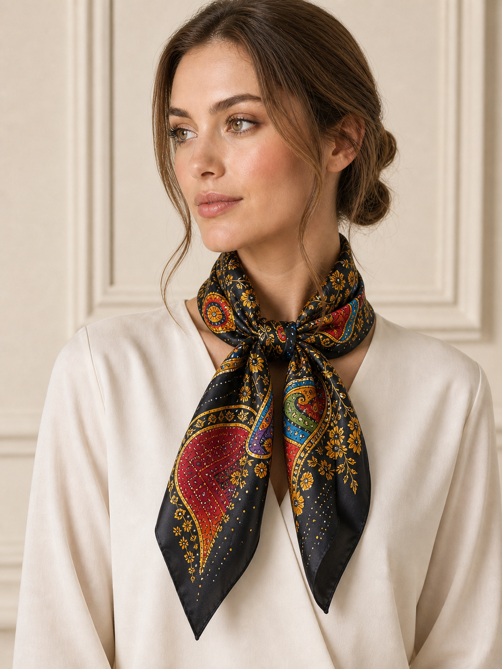 Pañuelo Negro con Motivos Ornamentales Multicolor, llevado al cuello con estilo elegante