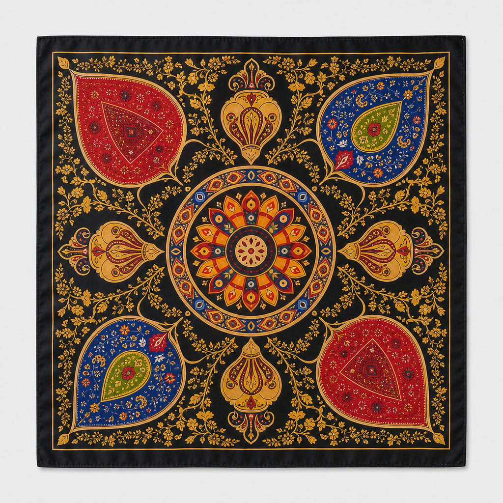 Pañuelo Negro con Motivos Ornamentales Multicolor, extendido para apreciar su diseño y acabado