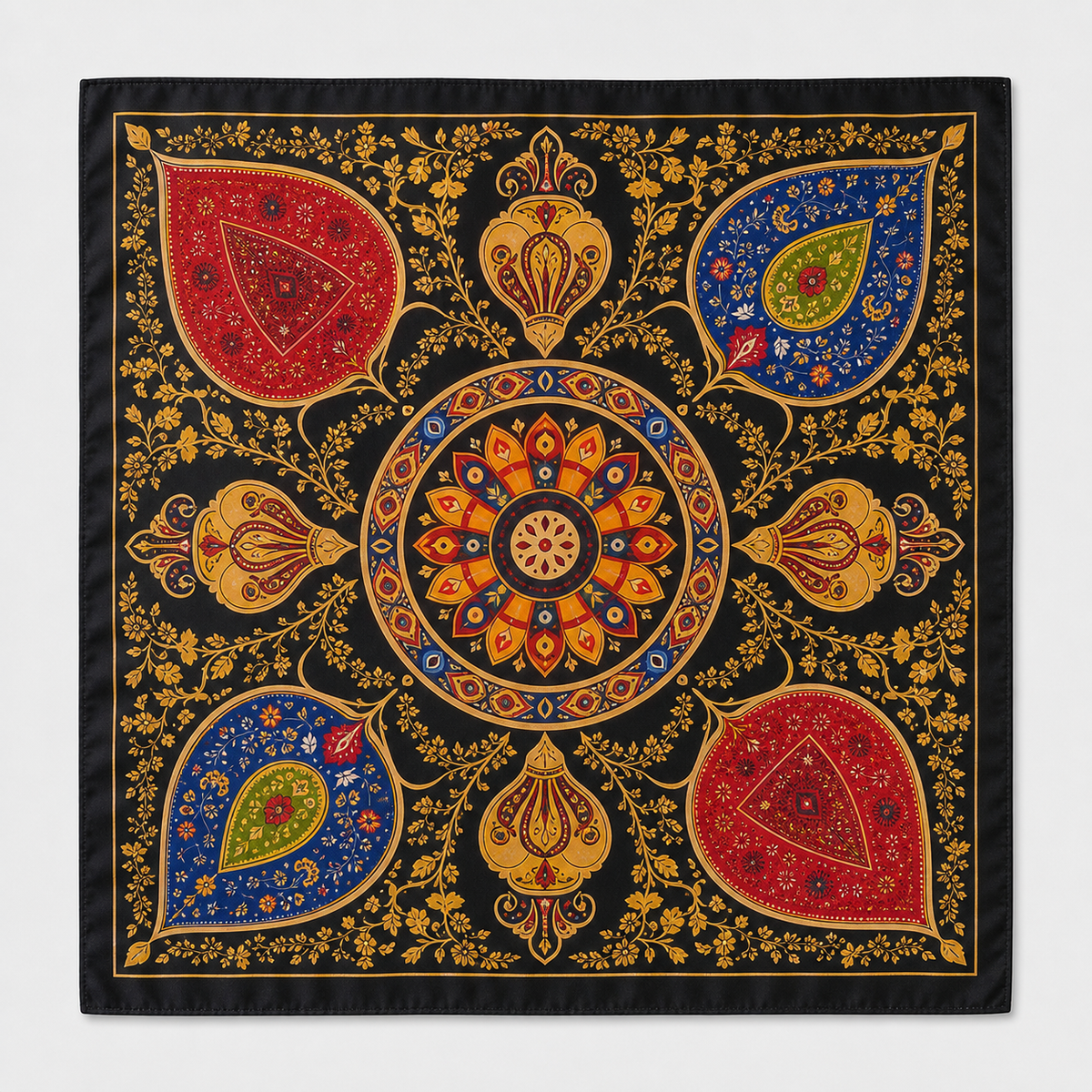 Pañuelo Negro con Motivos Ornamentales Multicolor, extendido para apreciar su diseño y acabado