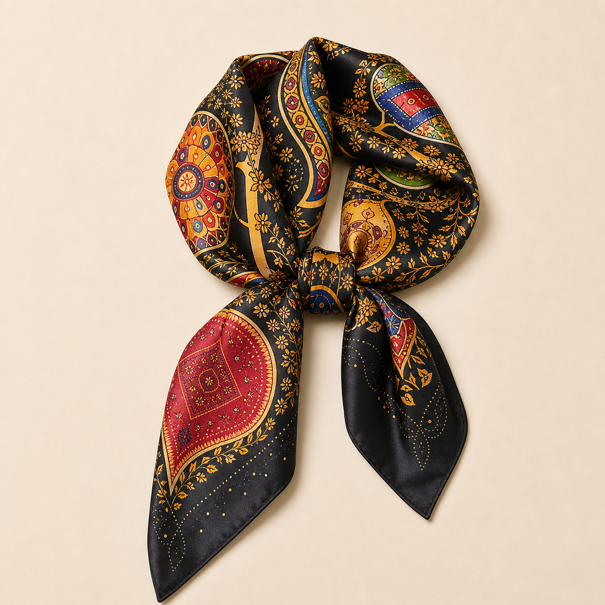 Pañuelo Negro con Motivos Ornamentales Multicolor, con una presentación cuidada y estilo elegante