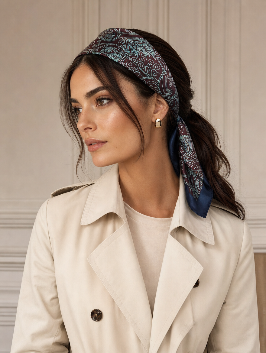 Pañuelo Negro y Borgoña con Paisley, usado en el cabello con aire mediterráneo y acabado cuidado