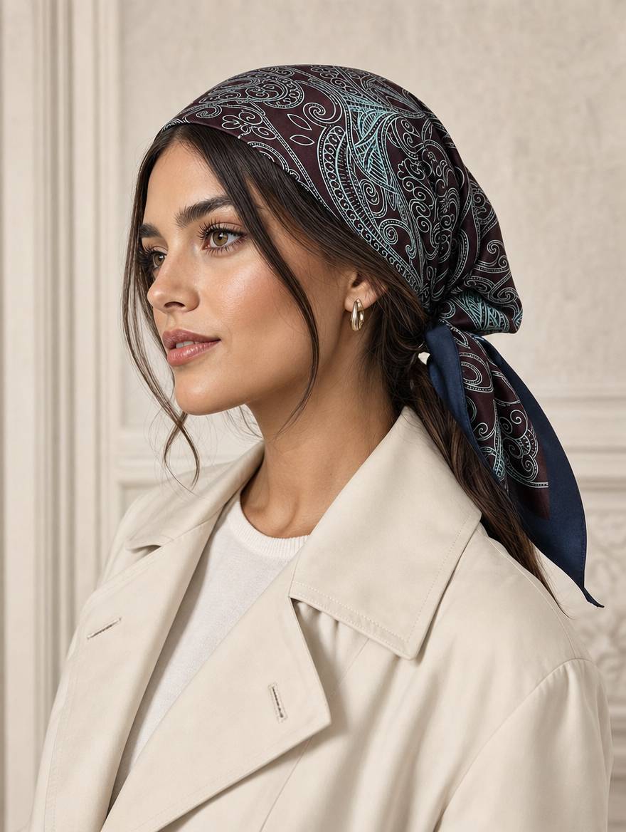 Pañuelo Negro y Borgoña con Paisley, llevado en la cabeza con estilo sofisticado y natural
