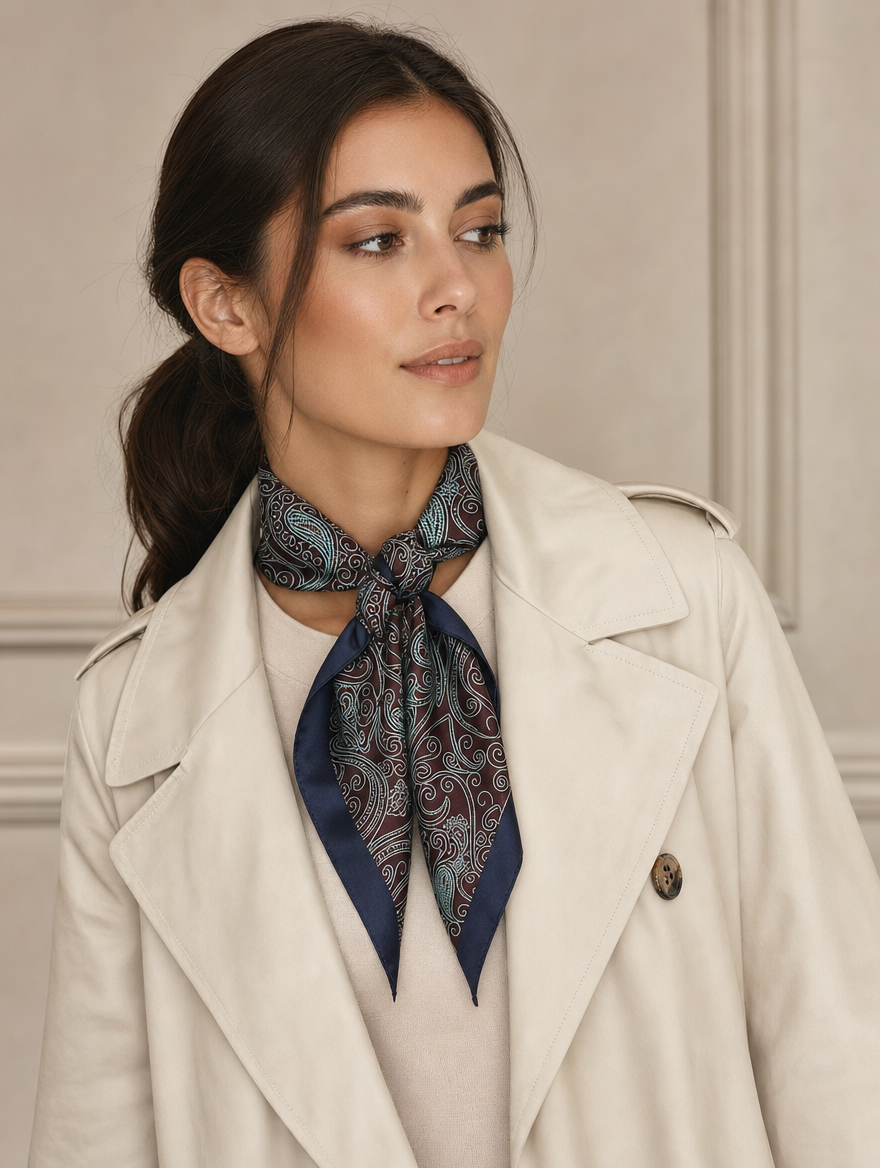 Pañuelo Negro y Borgoña con Paisley, llevado al cuello con estilo elegante y acabado cuidado