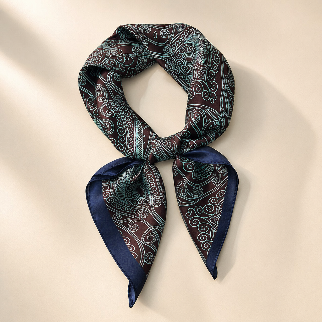 Pañuelo Negro y Borgoña con Paisley, presentado con luz suave y estilo cuidado con estilo natural y refinado