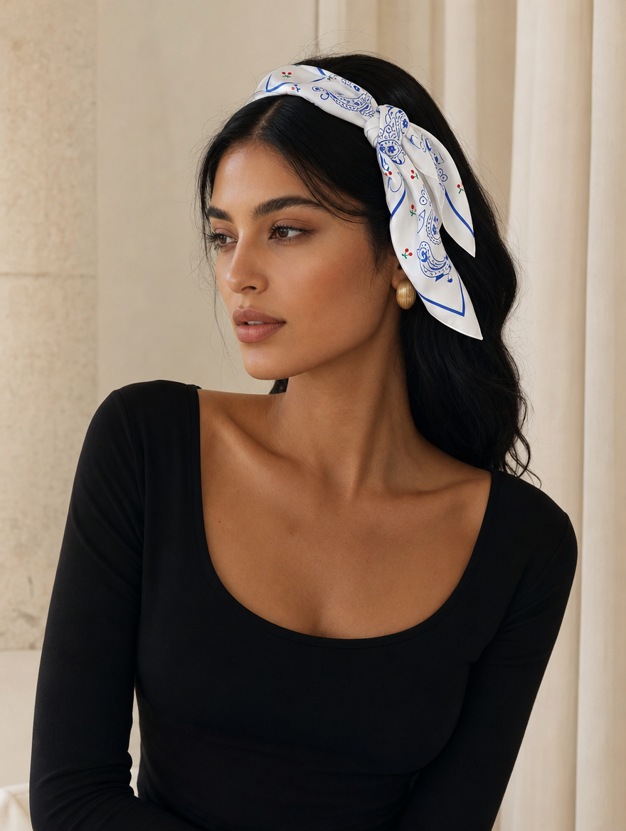 Pañuelo Paisley Azul con Detalles Rojos, usado en el cabello con aire mediterráneo