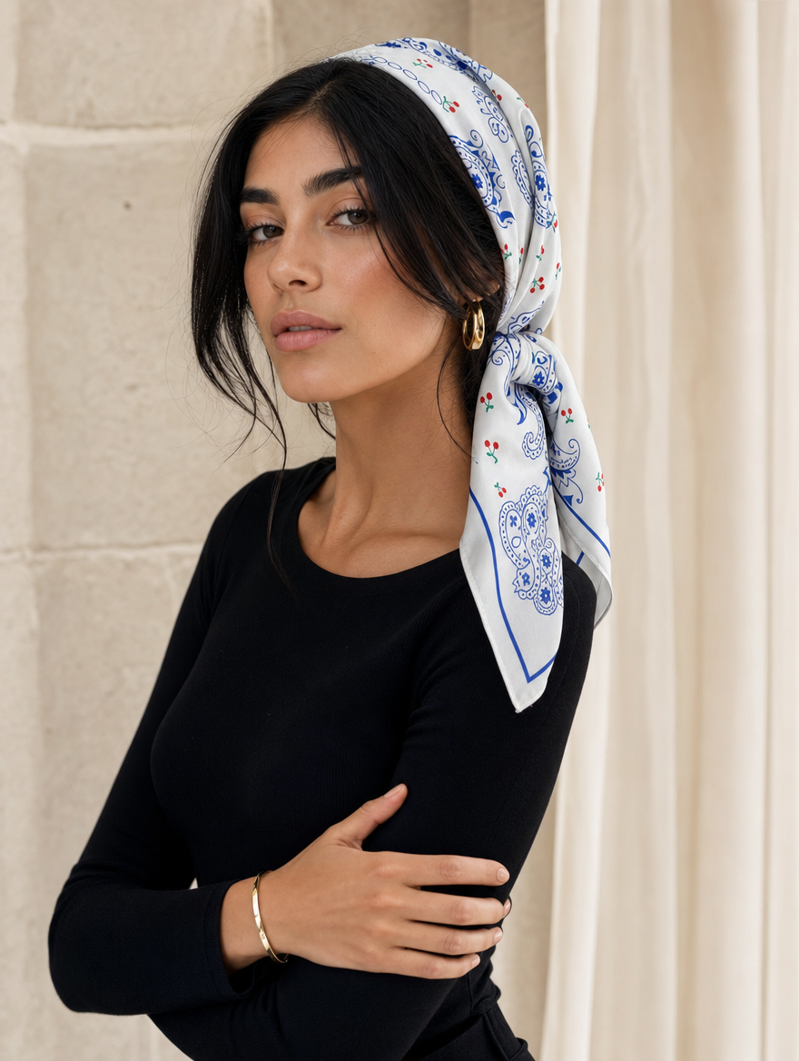 Pañuelo Paisley Azul con Detalles Rojos, llevado en la cabeza con estilo sofisticado y natural