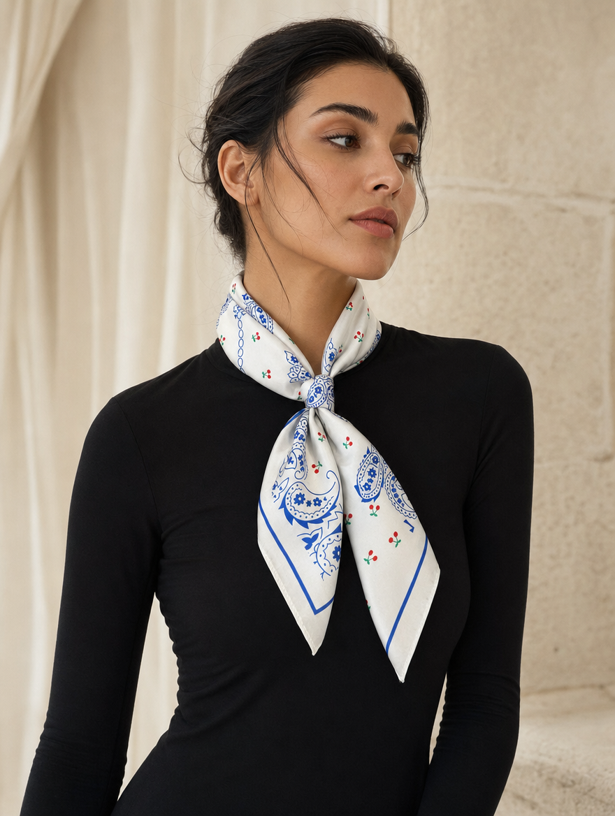 Pañuelo Paisley Azul con Detalles Rojos, llevado al cuello con estilo elegante y acabado cuidado