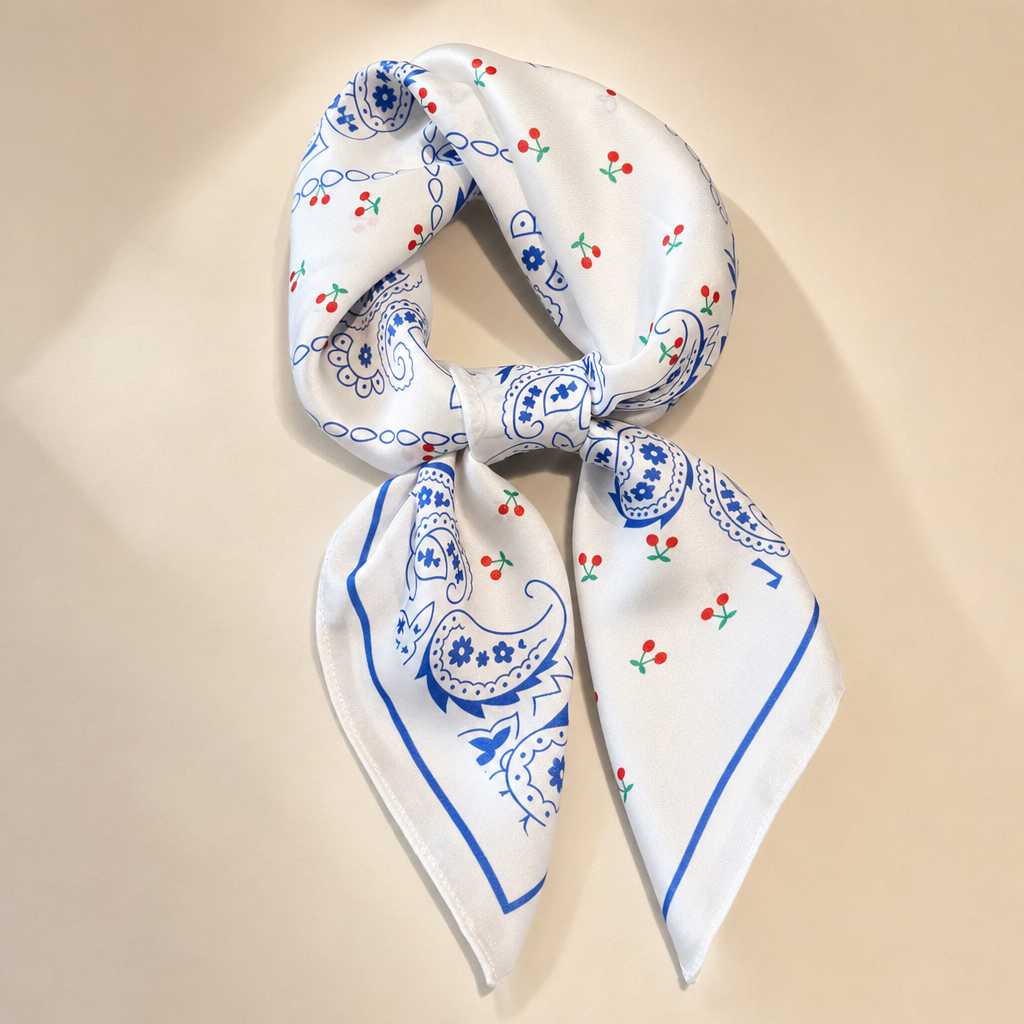 Pañuelo Paisley Azul con Detalles Rojos, presentado con luz suave y estilo cuidado