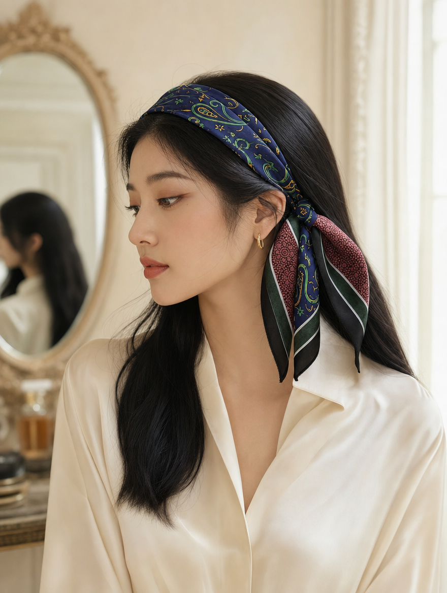 Pañuelo Paisley Azul Marino y Burdeos, usado en el cabello con aire mediterráneo