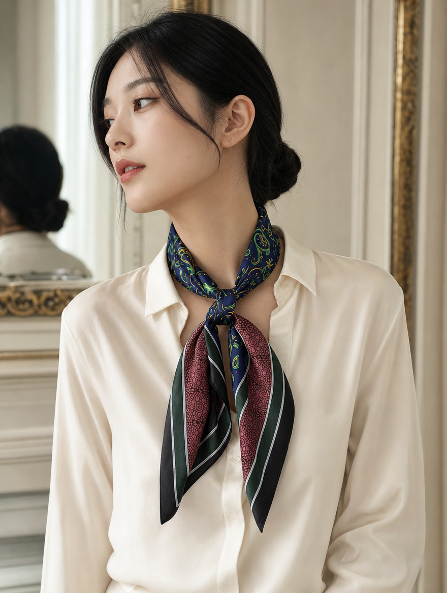 Pañuelo Paisley Azul Marino y Burdeos, llevado al cuello con estilo elegante y acabado cuidado
