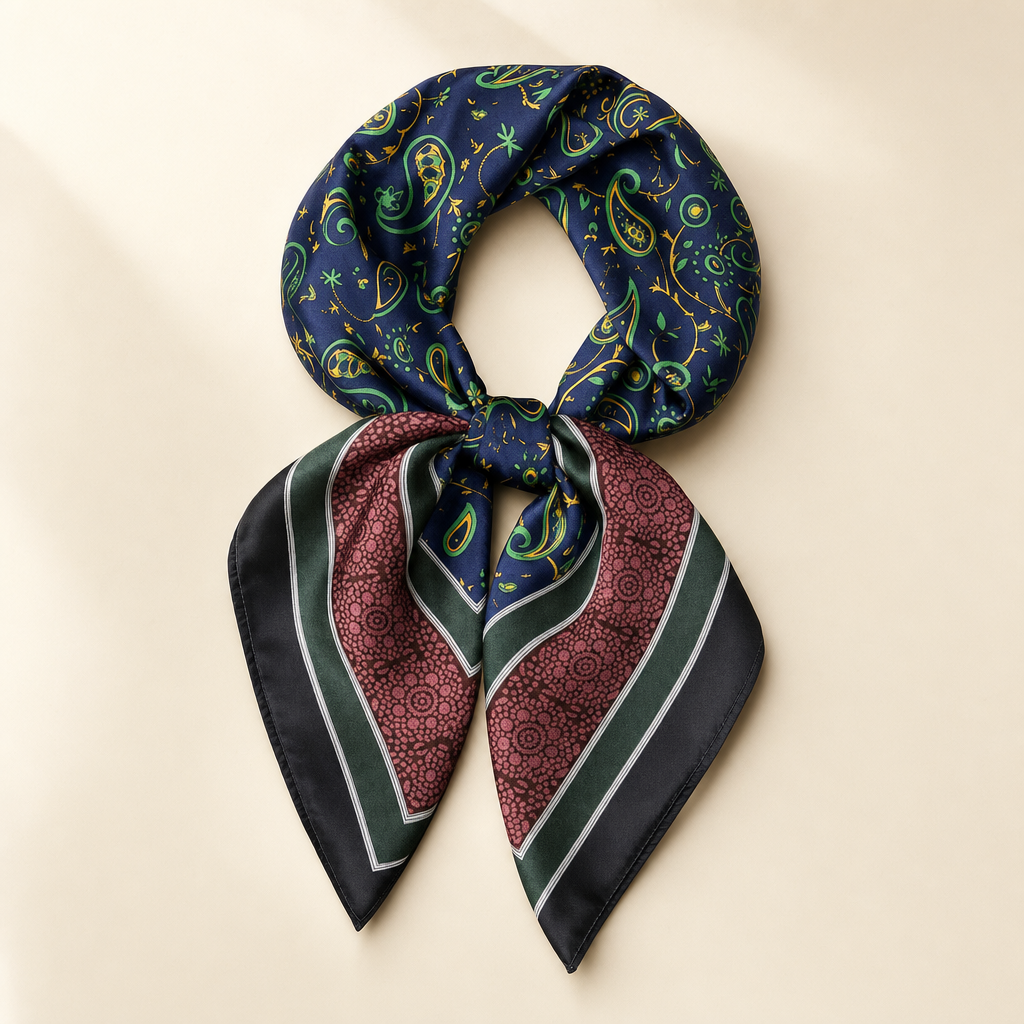 Pañuelo Paisley Azul Marino y Burdeos, presentado con luz suave y estilo cuidado