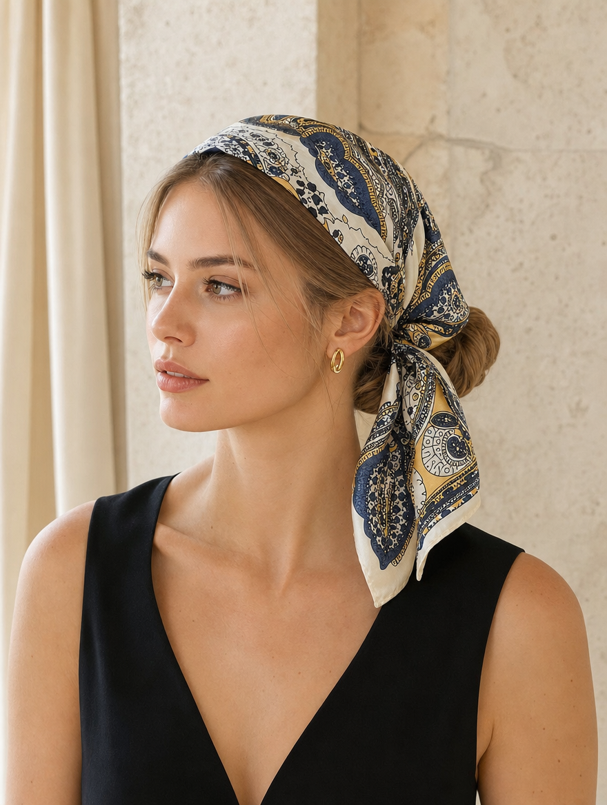 Pañuelo Paisley Azul y Dorado, llevado en la cabeza con estilo sofisticado y natural con acabado cuidado