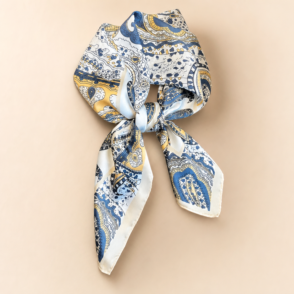 Pañuelo Paisley Azul y Dorado, presentado con luz suave y estilo cuidado con acabado cuidado
