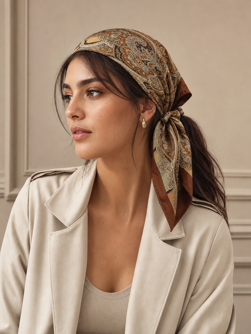 Pañuelo Paisley Marrón, llevado en la cabeza con estilo sofisticado y natural con acabado cuidado