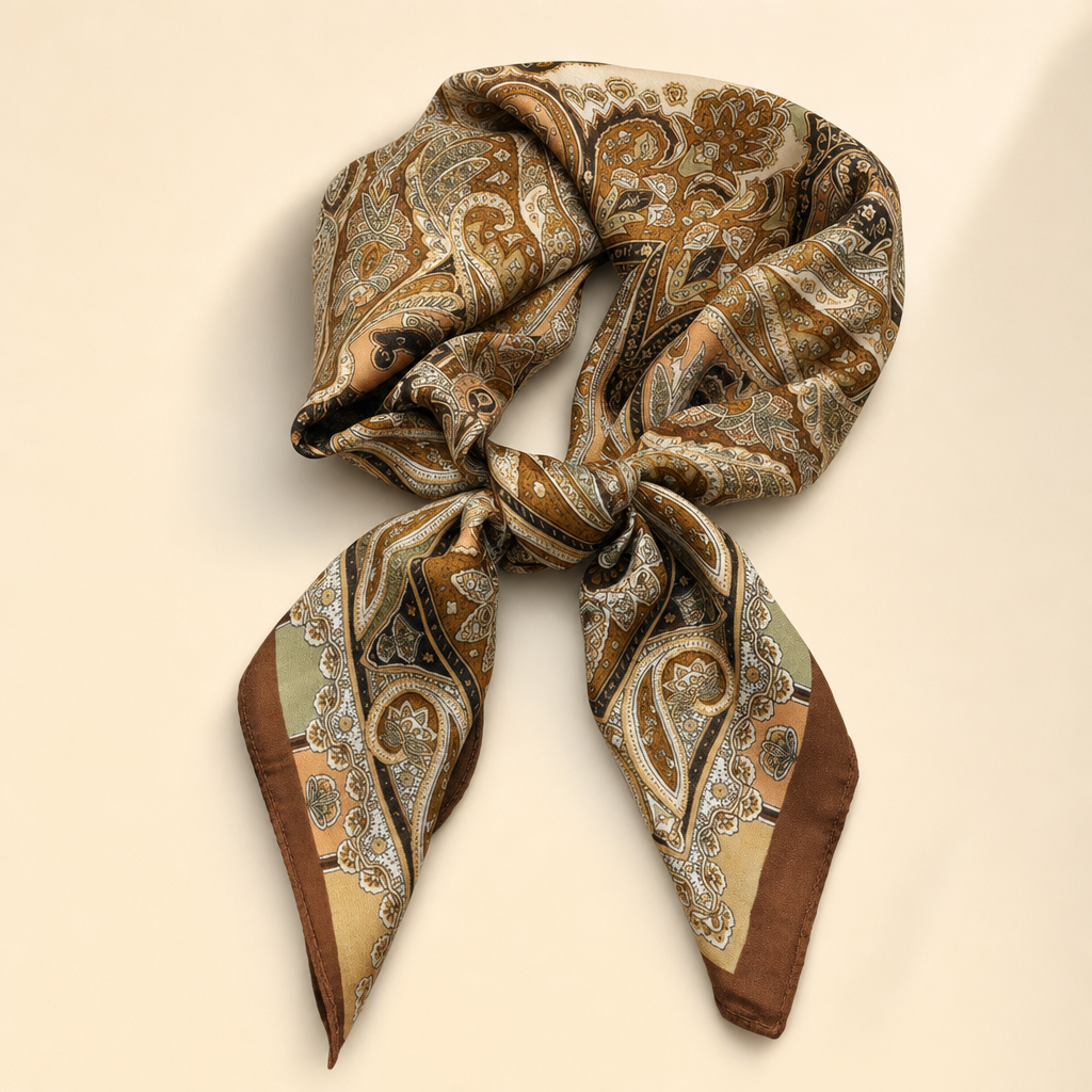 Pañuelo Paisley Marrón, presentado con luz suave y estilo cuidado con acabado cuidado