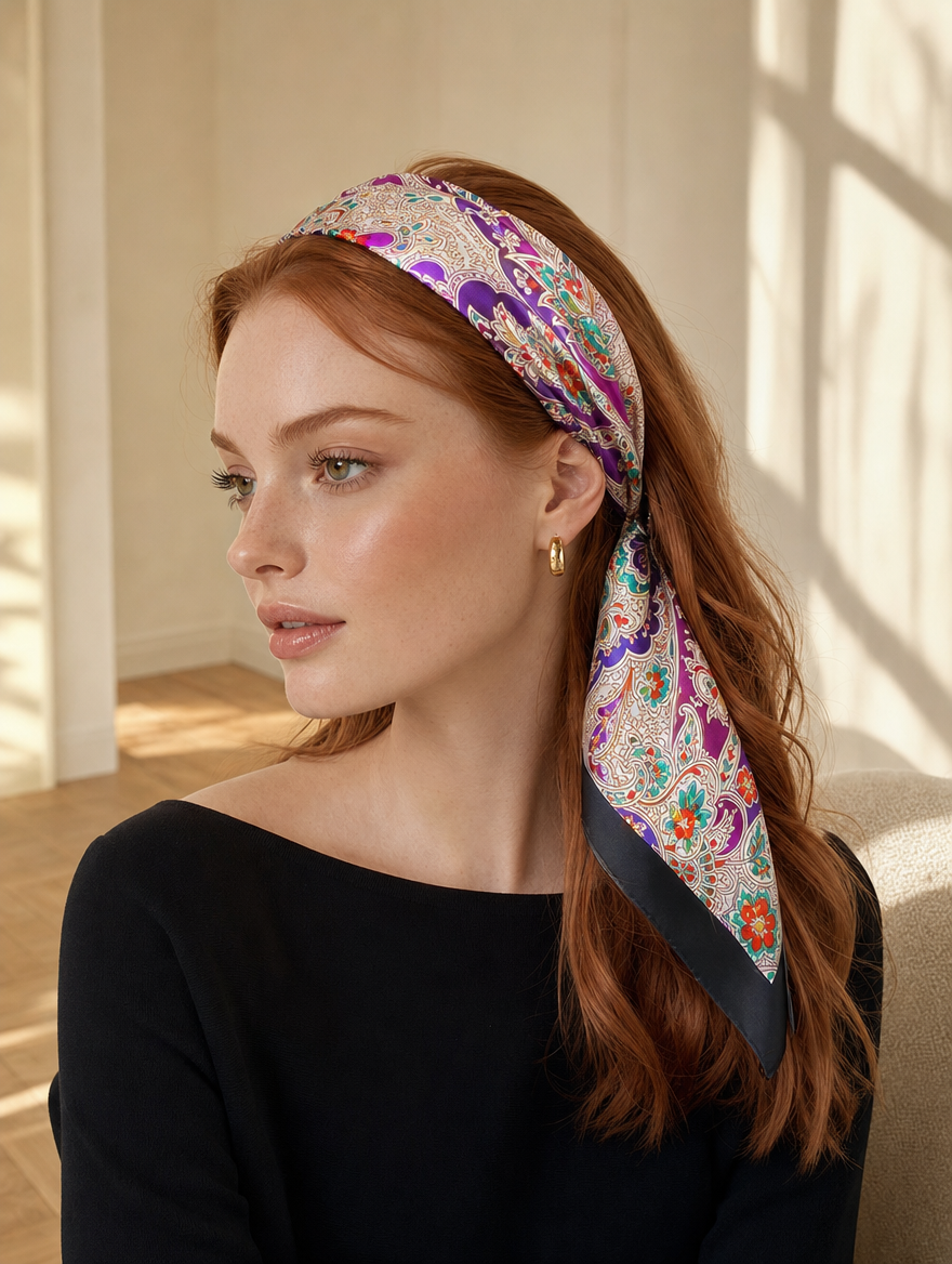 Pañuelo Paisley Multicolor con Borde Negro, usado en el cabello con aire mediterráneo