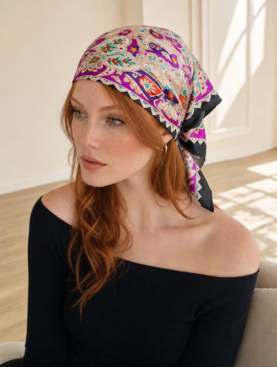 Pañuelo Paisley Multicolor con Borde Negro, llevado en la cabeza con estilo sofisticado y natural