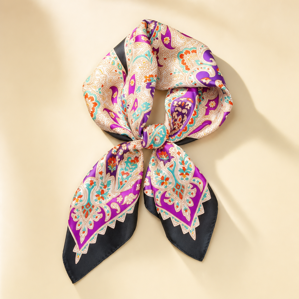 Pañuelo Paisley Multicolor con Borde Negro, presentado con luz suave y estilo cuidado