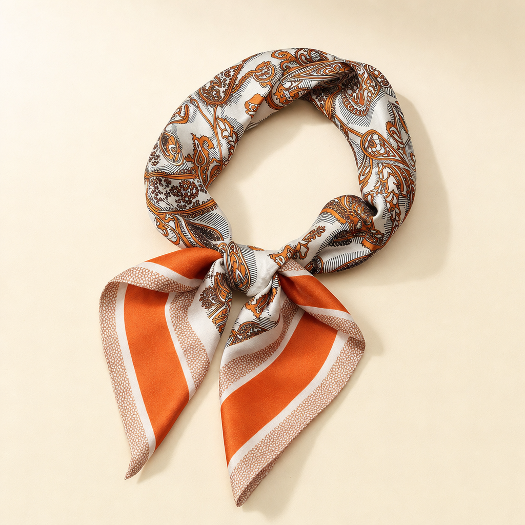 Pañuelo Paisley Naranja, presentado con luz suave y estilo cuidado con acabado cuidado