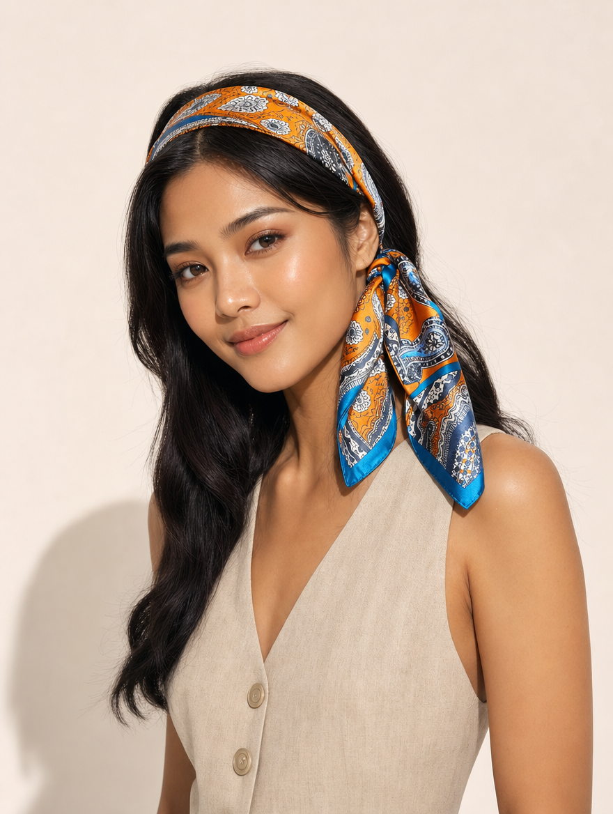 Pañuelo Paisley Naranja y Azul, usado en el cabello con aire mediterráneo y acabado cuidado