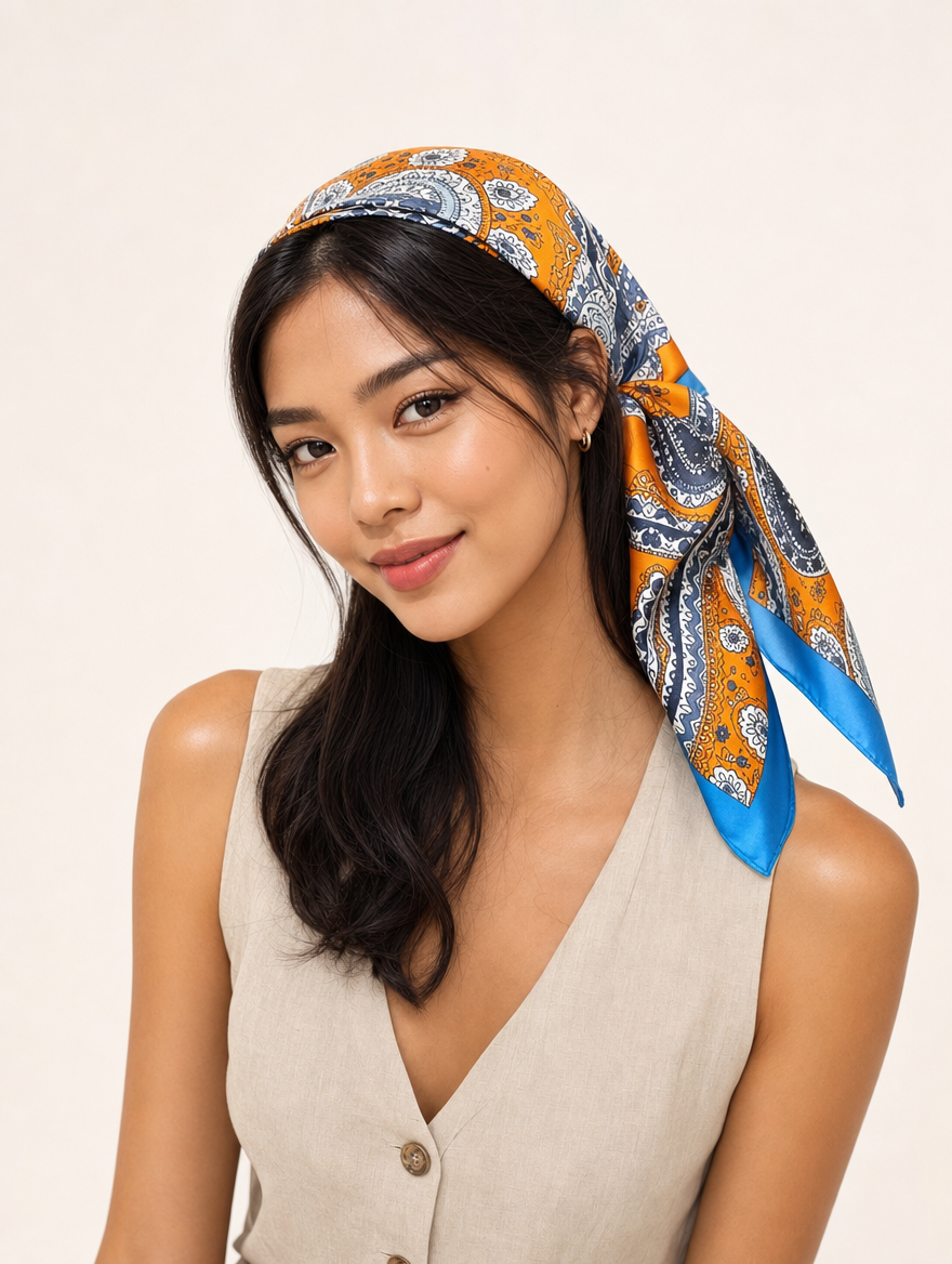 Pañuelo Paisley Naranja y Azul, llevado en la cabeza con estilo sofisticado y natural con acabado cuidado