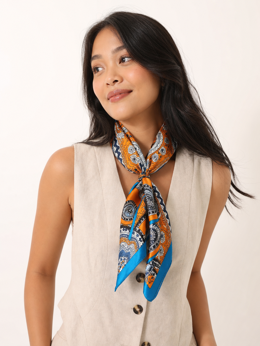 Pañuelo Paisley Naranja y Azul, llevado al cuello con estilo elegante y acabado cuidado